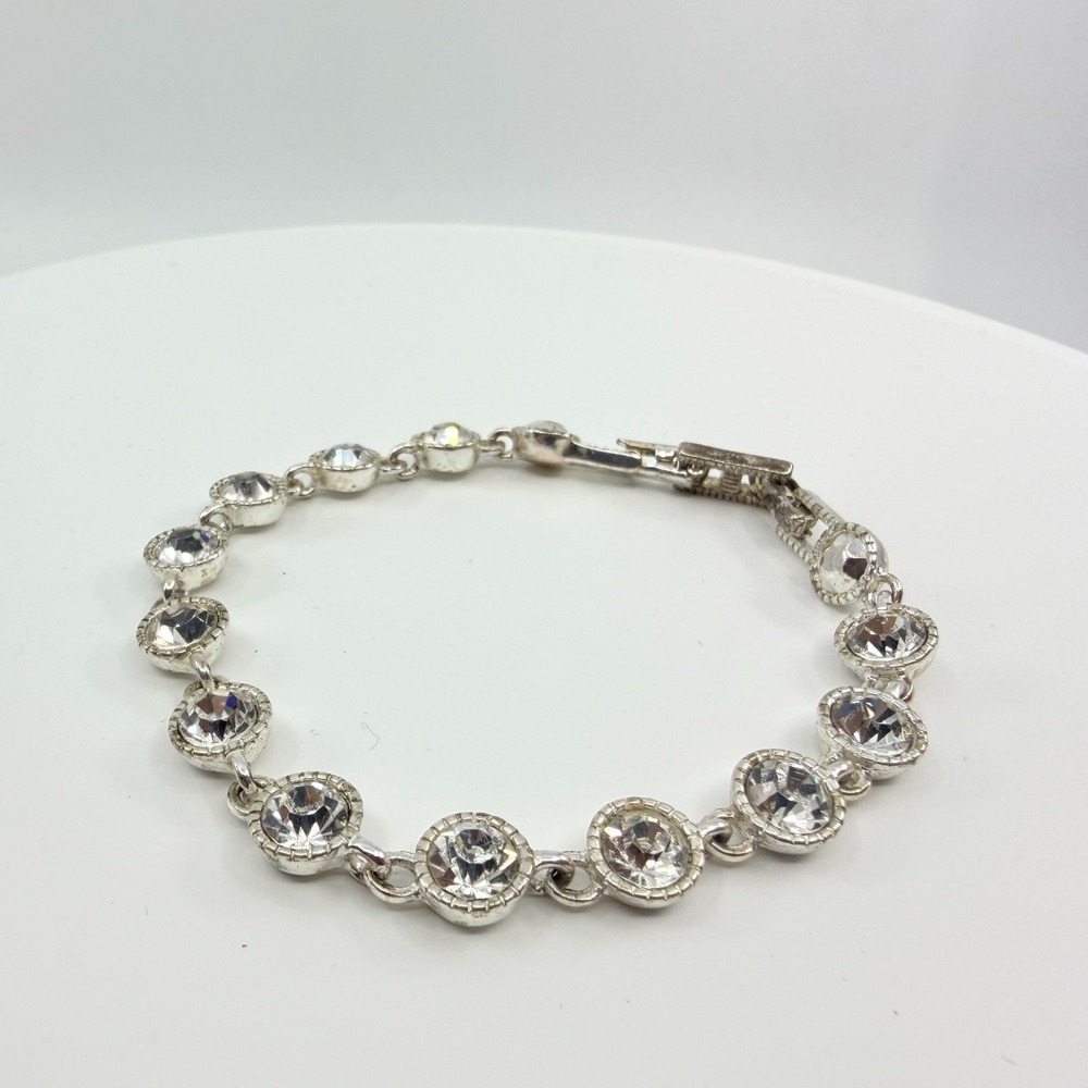 Vintage Y2K Silver Tone Clear Rhinestone Crystal Round Link Bracelet 7" Classic